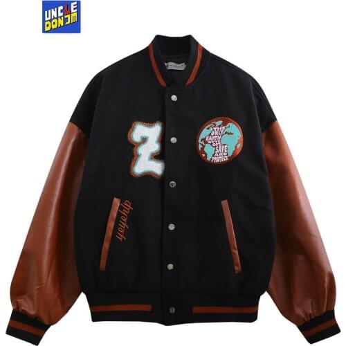 UNCLEDONJM colour block stitching PU sleeve bomber jacket letter embroidery baseball jacket vintage men winter coat 333