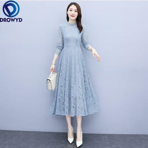 2021 Vintage Blue Lace Sexy Maxi Dresses Spring Long Sleeve O-neck Midi Dress Elegant Women Fashion Boho Bodycon Party Vestidos