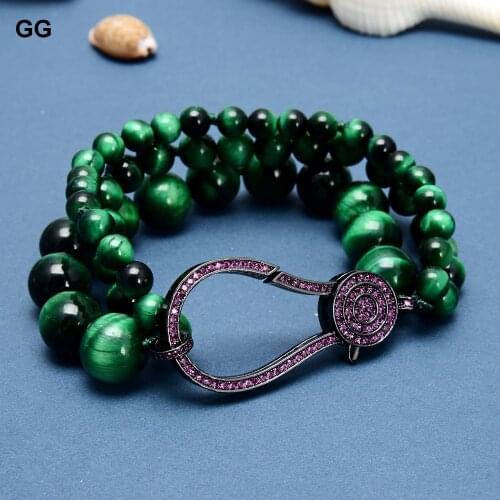 GuaiGuai Jewelry 18" 3 Rows Natural Green Round Tigers Eye Statement Bracelet Cubic Zirconia Lobster Clasp Handmade For Women