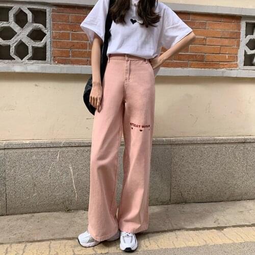 Womens Jeans 2021 New Pink Fashion Embroidery Streetwear High Waist Wide Leg Pants Baggy Harajuku Straight Denim Trouser