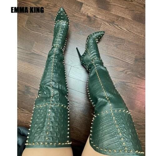 2021 Women Winter Over The Knee Boots Ladies Suede Sexy Rivet High Heels Pointed Toe High Boots For Women Big Size 35-44