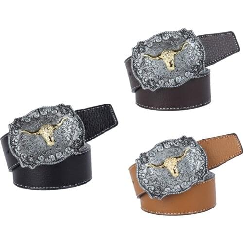 Womens Mens Vintage Western Cowboy Leather Belt Waistband Arabesque Cow Head Buckle Adjustable Leather Belt