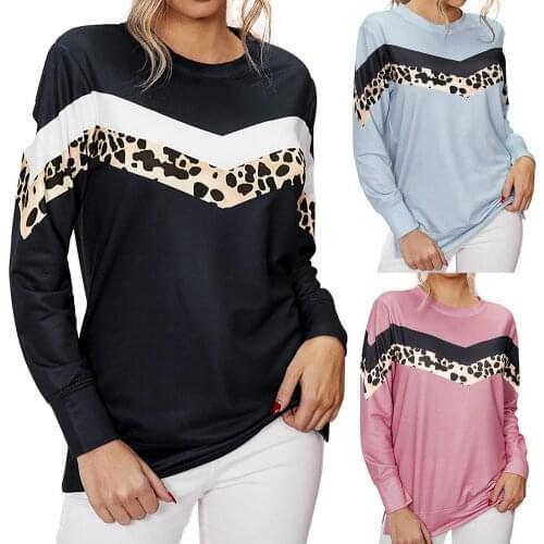 Early autumn new leopard print stitching long-sleeved slit ladies pullover blouse
