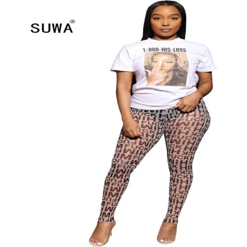 2020 chic printed high street fashion tracksuit women two piece set summer basic whitr t shirts tee + letter skinny jogger pants