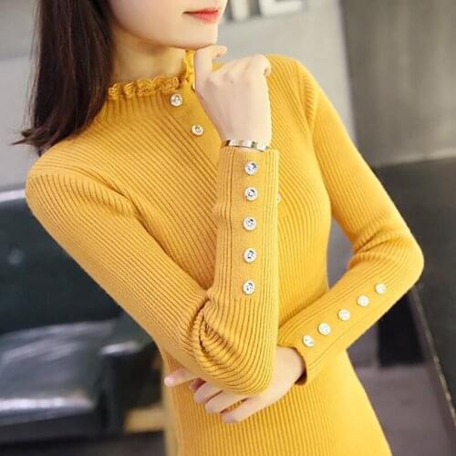 Autumn Lace Mock Neck Knitted Sweater Women Pullover 2021 Winter Fashion Splicing Elasticity Sweaters Jumpers Button Tops Pull