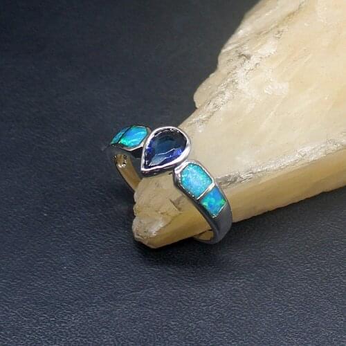 Hermosa Blue Opal Sapphire Lovely Unique Genuine 925 Silver Band Ring Wedding Engagement Gifts for Women Size 6.5# 20214379