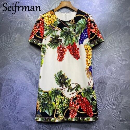 Seifrmann Summer Women Fashion Runway Party A-Line Dress Gorgeous Crystal Beading Printed Ladies Loose Midi Dresses vestidos