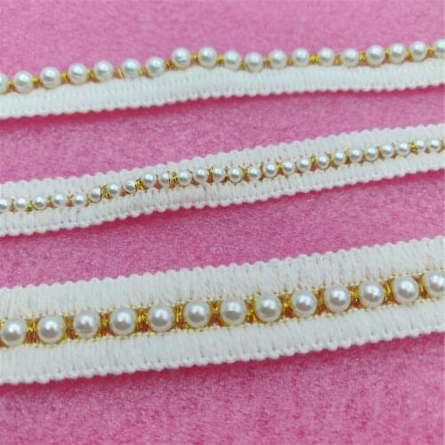 15 mm and 20 mm wide Gold thread Beige Webbing With Braided White Beads 1 Yards