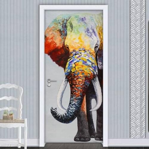 3D Door Sticker Self Adhesive Removable Wall Decals Hand Painted Color Elephant Art Wall Painting Door Mural Wallpaper Sticker