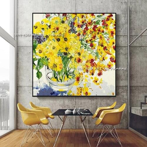 The Fresh Handmade Abstract Art Oil Painting On Canvas Modern Nature Plant Painting For Office Decoration Yellow Daisy Flower