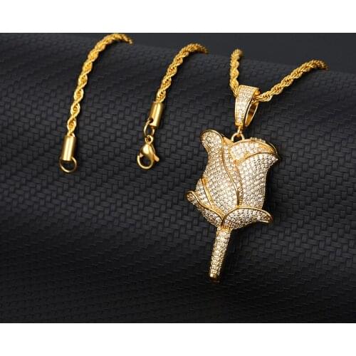 Bling Bling Rhinestone Rose Petals Pendant Necklace Gold Color Chain Necklace Men Women Flower Hip Hop Jewelry Gift Wholesale