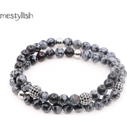 Mestylish Style Bracelet Obsidian Silver CZ Ball Double Simple Beaded Charm Bracelet Pulseras Hombre