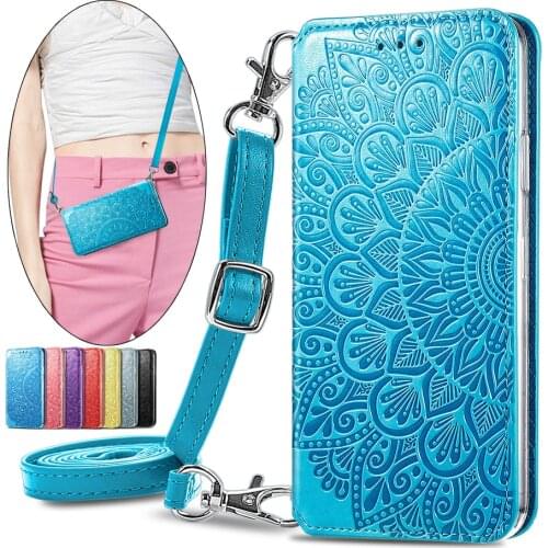 Purse Flip Card Pouch Cover For Samsung Galaxy A72 A70 A02 M02 M10 F62 Note 20 Ultra Note 10 Plus Handstrap Long Shoulder Strap