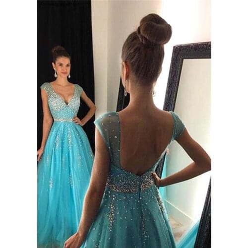 Sexy Sky Blue Long Prom Dresses 2019 A Line Deep V Neck Holidays Graduation Wear Evening Party Gowns Plus Size Custom Made