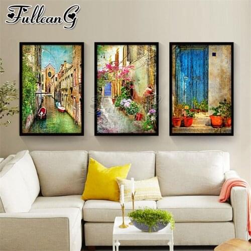 FULLCANG 5d diy diamond embroidery sale town alley scenery diamond painting triptych full square round drill home decor FC3305