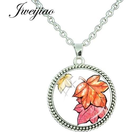 JWEIJIAO New 2018 Maple leaf Pendant Necklace Handmade Glass Cabochon Red Leaf Charms Romantic Summer Style Jewelry QF373