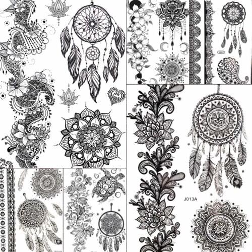 Fashion Black Henna Boho DreamCatcher Tribal Temporary Tattoos For Women Stickers Girls Fake Tattoo Mandala Floral Mehndi Tatoo