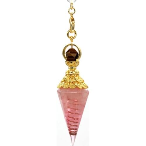 Trendy-beads Light Yellow Gold Color Rose Pink Quartz and Resin Pendulum Orgonite Pendant with Beads Chain Jewelry