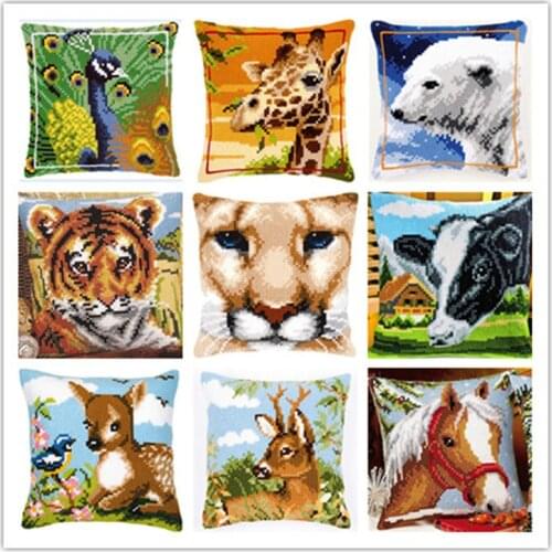 Cross Stitch Pillow Mat DIY Craft Animals Latch Hook Kit Needlework Crocheting Cushion Embroidery