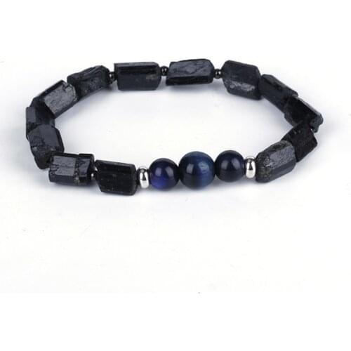 Natutal Rough Black Tourmaline Dark Blue Lapis Lazuli Stone Bead Charm Unisex Healing Energy Bracelet For Man Women