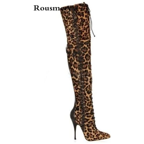 New brand Women Fashion Pointed Toe Lace-up Over Knee Leopard High Heel Boots Sexy Women Gladiator Thigh Boots Big Size 42