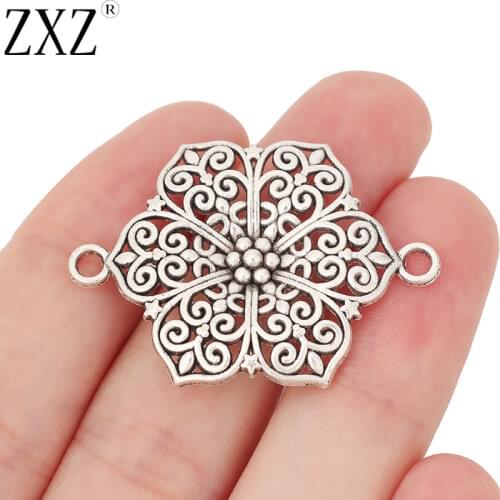 ZXZ 10pcs Tibetan Silver Large Flower Connector Charms for Bracelet Necklace Jewelry Making Findings 41x30mm