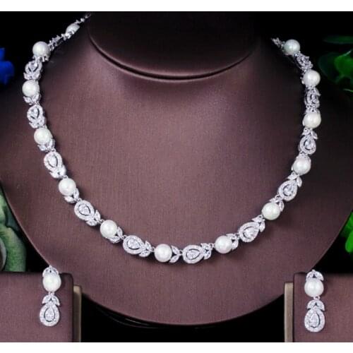 ThreeGraces Elegant White CZ Stone Wedding Brides Big Choker Pearl Necklace and Earrings Negerian Costume Jewelry Sets JS071