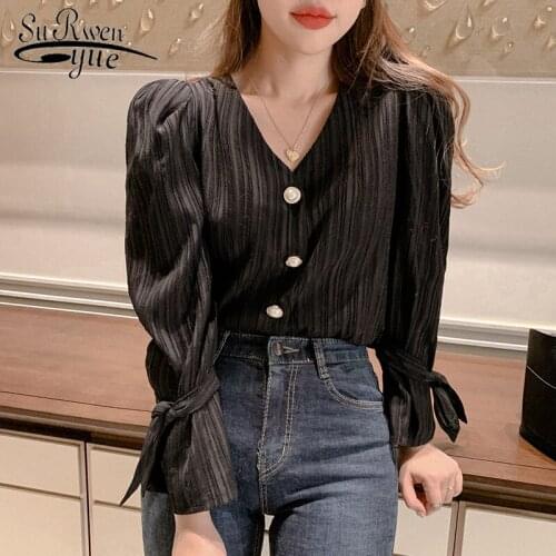 V-neck Autumn Women Tops and Blouses Long Sleeve Solid Korean Tops Elegant Sweet Black Bow Bottom Shirts Fashion Clothes 8563 50