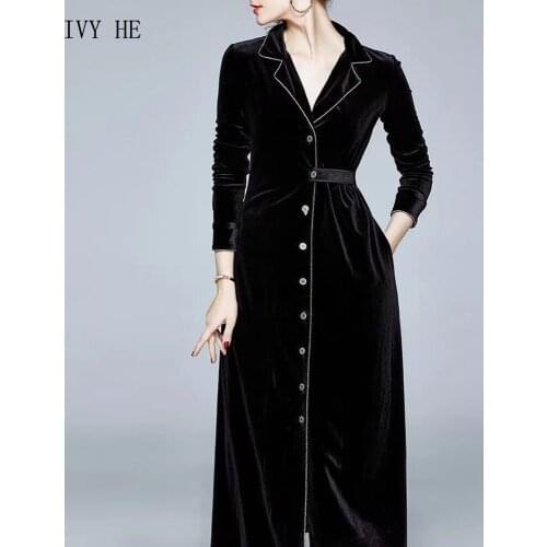 IVY HE High Quality Autumn And Winter Dress Woman Clothing Elegant Black Velvet Midi Long Dress Traf ZAfu Vintage Party Dresses