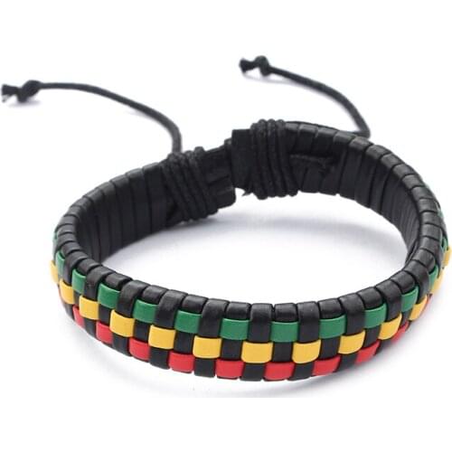 1pcs Jamaica Handmade Leather Weed Bracelet Ethnic Hiphop Reggae Beads Strand Bracelet for Women Gifts Red String Wristband