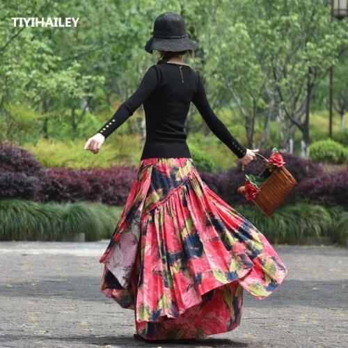 TIYIHAILEY Free Shipping Long Maxi A-line Elastic Waist Women Autumn Cotton And Linen Chinese Style S-2XL Flower Print Skirts