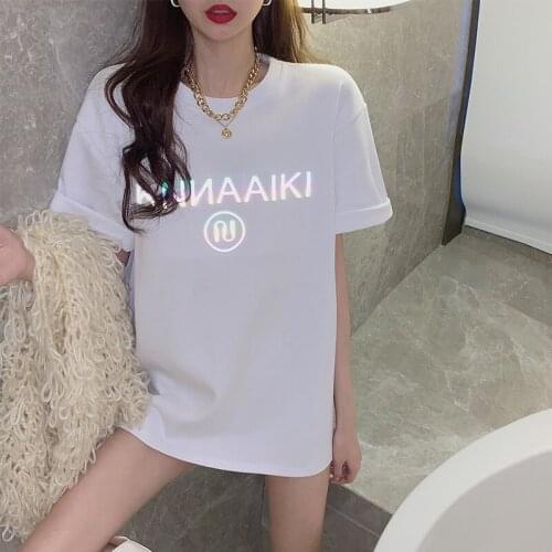 2021 T Shirt Summer New Letter Reflective Print Casual T Shirt Women Loose Oversize Short Sleeves Solid Womens Couple Top