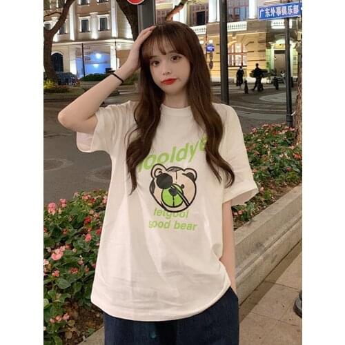 Womens New White Blouse Korean Version Loose and Thin Bear Print Short-sleeved T-shirt Bottoming Shirt Tide