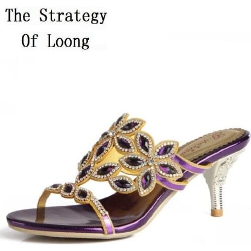 Women High Heels Plum Blossom Crystal Open The Toe Genuine Leather Slippers Fashion Sexy Big Size Real Leather Slides 20180714