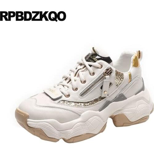 Footwear High Quality Thick Sole Trainers Sequin Glitter Creepers Platform Shoes Genuine Leather Muffin Sneakers Women Elevator
