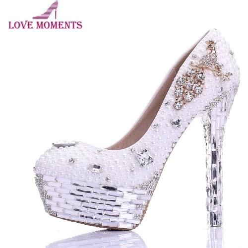 Ladies High Heel Handmade Fashion White Pearl Wedding Shoes Rhinestone 100% Designer Bridal Dress Shoes Silver Crystal Heel