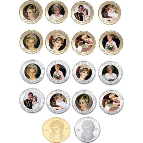 16pcs/lot 24k Gold&silver Plated Metal Coin Christmas Gifts Souvenir Coins Princess Diana Challenge Coins The Last Rose Coin