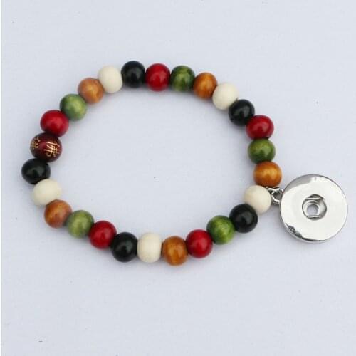 2PC Colorful Wood Beaded Stretch Bracelets Buddhist Prayer With 18mm Buttons Diy Snap Charm Bracelets For Hip hop Jewerly