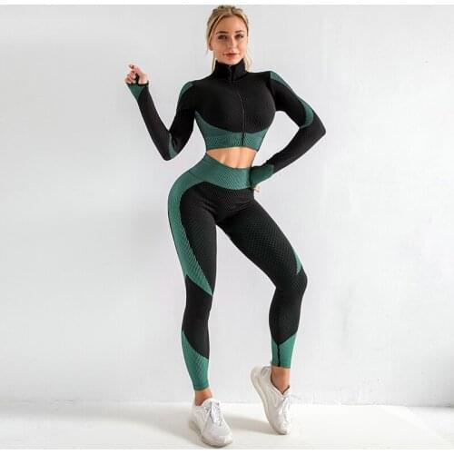 Seamless Yoga Leggings 2pcs Suit Women Fitness Tracksuit Long Sleeve Female Yoga Set Quick Dry Gym Clothing Women Sportwear