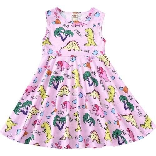Kids Baby Girls Fashion Sleeveless Cartoon Dinosaur Print Dress Lovely Round Neck Summer Stylish Dresses for Children