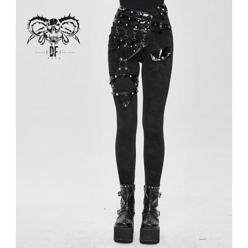 Devil Fashion Womens Punk High Waist Long Pants Street Handsome Fashion Removable Black Skinny Denim Trousers