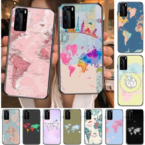 World Map travel Phone Case For Huawei P40 p30 P20 10 9 8 Lite E Pro Plus Black Etui Coque Painting Hoesjes comic fas