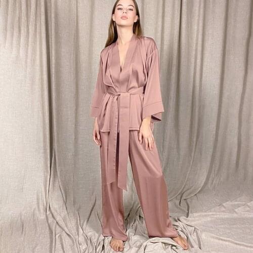Satin Home Suit Women Elegant Criss-Cross V-neck Flare Long Sleeve Bandage Elastic Waist Loose Robe Sets Solid Basic Sleepwear