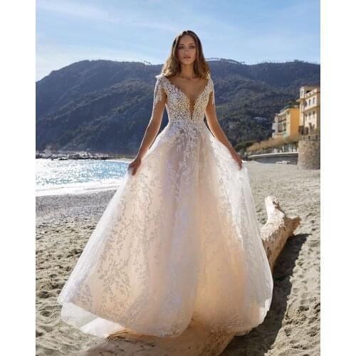 Long Sleeve Lace Wedding Dresses Scoop A Line Sheer Back Hot Sale Bridal Gowns 2021 Bohemian Wedding Dresses Boho