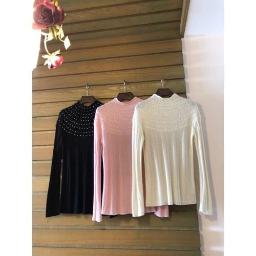 Fashion Ladies 2021 New Long Sleeve Sexy Casual Frilled Rhinestone Small High Collar Texture Base Shirt 1109