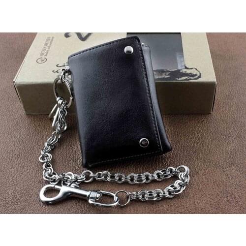 Mens Boys Trifold Leather Biker Trucker Wallet With A Long Metal Ring Key Chain