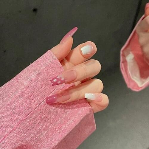 24pcs Plaid Print Nails Patch Glue Type Long Paragraph Gradient Color Fashion Manicure False Nails Save Time Nail Patch -VL16