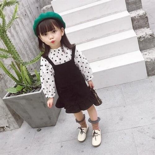 2018 Autumn New Korean Girl Sets Cute Polka Dot Shirt Blouses+overalls Dress Suit Fashion Solid Suspender Dress for Baby Girls