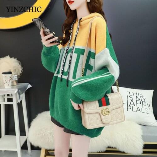 New Loose Thick Sweater Woman MansAutumn Knitted Outwear Coat Color Patched Female Casual Hooded Pullovers Warm Sweater Fashion