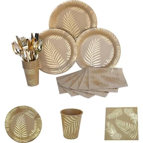 Disposable Palm Leaf Kraft Gold Foil Tableware Sets Plates Cups Napkins Birthday Party Wedding Decration Eco